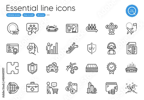 Startup concept, Credit card and Skyscraper buildings line icons. Collection of Car leasing, Video conference, Mattress icons. Ranking star, Graph chart, Queue web elements. Vector