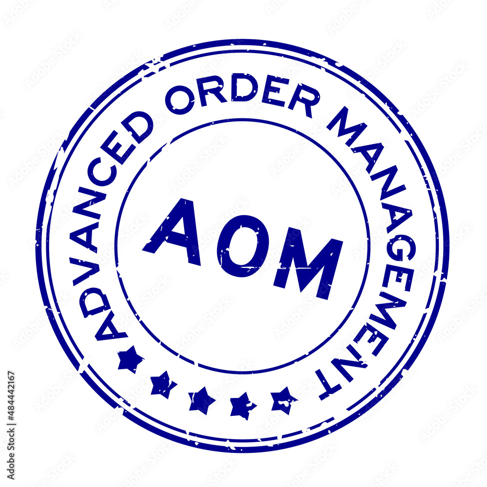 Grunge blue AOM (Abbreviation of Advanced order management, add on module or assistant operation manager) word round rubber seal stamp on white background Grunge blue AOM (Abbreviation of Advanced order management, add on module or assistant operation manager) word round rubber seal stamp on white background