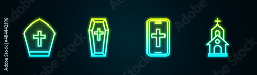 Set line Pope hat, Coffin, Christian cross on phone and Church building. Glowing neon icon. Vector