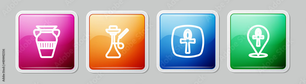 Set line Egyptian vase, Hookah, Cross ankh and . Colorful square button. Vector Set line Egyptian vase, Hookah, Cross ankh and . Colorful square button. Vector
