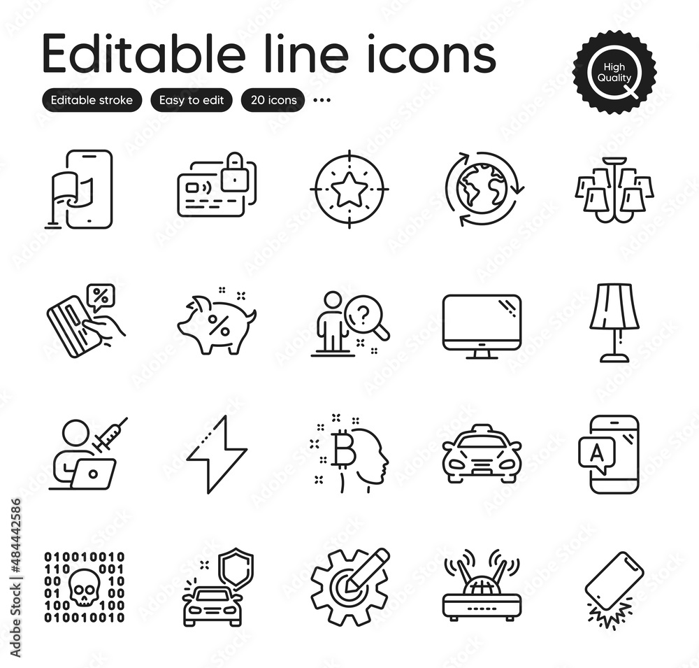 Set of Technology outline icons. Contains icons as Search employee, Card and Bitcoin think elements. Energy, Loan percent, Table lamp web signs. Car secure, Location app, Credit card elements. Vector