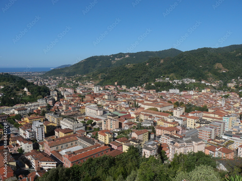 panorama from via Codena viewpoint on the city of Carrara and on the Tyrrhenian Sea