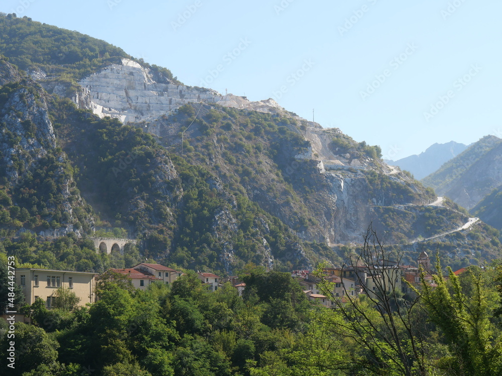 panorama on Miseglia marble quarrying basin among the green of the Apennine Mountains with Ponti di Vara bridge and the village of Bedizzano