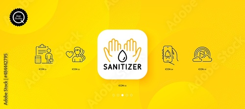 Lgbt, Accounting and Hand sanitizer minimal line icons. Yellow abstract background. Man love, Bell alert icons. For web, application, printing. Rainbow flag, Report clipboard, Hygiene care. Vector