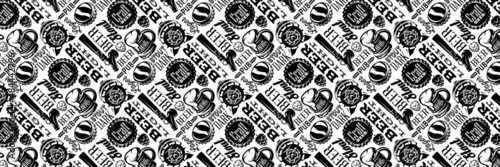 Background with a set of elements and inscriptions on the theme of beer. Monochrome vector illustration.