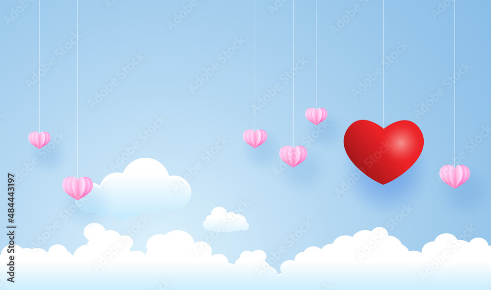 Hearts the sky, valentine day , paper art style, vector design.