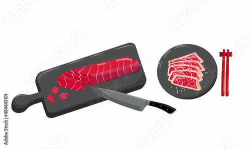 Tuna fish fillet steak with cutting board, knife, plate, chopsticks. Vector stock illustration isolated on white background for recipe book, restaurant menu, packaging design. 