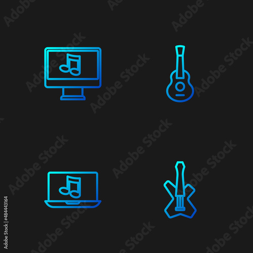 Set line Electric bass guitar, Laptop with music, Computer note and Guitar. Gradient color icons. Vector