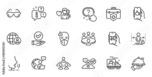 Outline set of Medical mask, Meeting and Eyeglasses line icons for web application. Talk, information, delivery truck outline icon. Include Job interview, Restaurant food, Flight mode icons. Vector