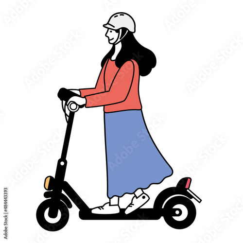 電動キックボード　電動キックスケーターに乗る女性のイラスト