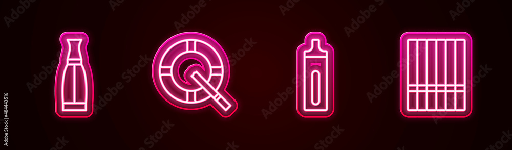 Set line Vape liquid bottle, Ashtray with cigarette, Electronic and Cigarette. Glowing neon icon. Vector