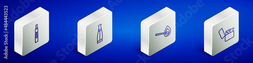 Set Isometric line Electronic cigarette, Vape liquid bottle, Burning match with fire and Lighter icon. Vector