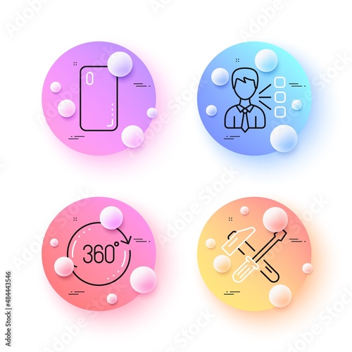 Full rotation, Third party and Smartphone cover minimal line icons. 3d spheres or balls buttons. Hammer tool icons. For web, application, printing. 360 degree, Team leader, Phone. Vector