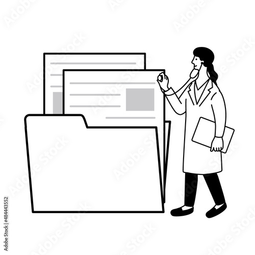 フォルダに入った書類に聴診器を当てる医者のイラスト
