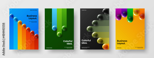 Fresh realistic spheres leaflet concept collection. Creative company cover A4 vector design illustration set.
