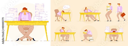 Tired stressed exhausted employee worker at office workspace. Set of unhappy overworked man feeling burnout