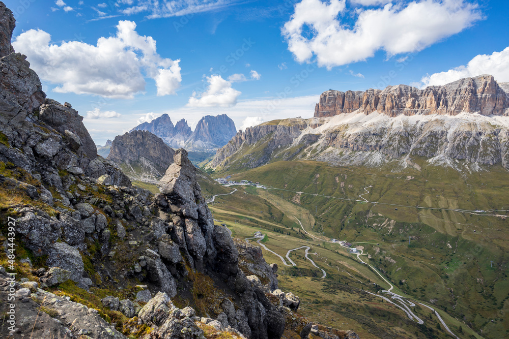 View of Passo Pordoi and Gruppo del Sella in the Dolomites.