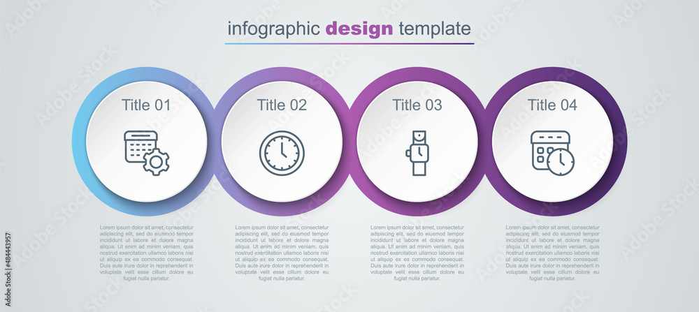 Set line Calendar settings, Clock, Wrist watch and and clock. Business infographic template. Vector