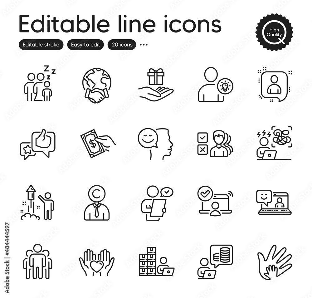 Set of People outline icons. Contains icons as Group, Sleep and Budget accounting elements. Difficult stress, Good mood, User idea web signs. Opinion, Pay money, Social responsibility elements. Vector