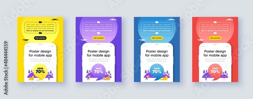 Poster frame with phone interface. Save 70 percent off tag. Sale Discount offer price sign. Special offer symbol. Cellphone offer with quote bubble. Discount message. Vector