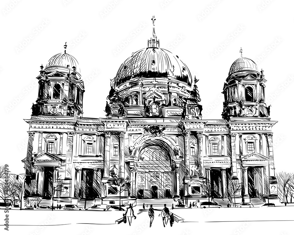 Germany. Berlin Cathedral. Old building hand drawn sketch. Unusual perspective. City vector illustration Germany. Berlin Cathedral. Old building hand drawn sketch. Unusual perspective. City vector illustration