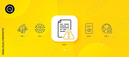 Teamwork chart, Instruction manual and View document minimal line icons. Yellow abstract background. Video conference, Artificial intelligence icons. For web, application, printing. Vector