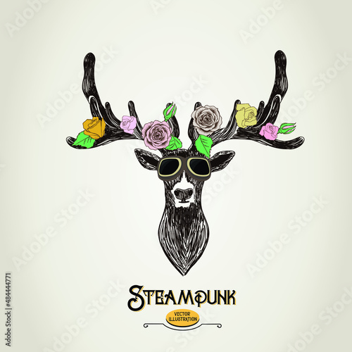 Steampunk deer illustration with goggles