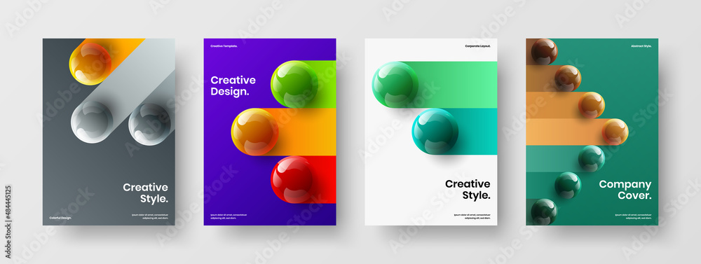 Abstract book cover A4 vector design layout bundle. Clean 3D spheres poster template set.