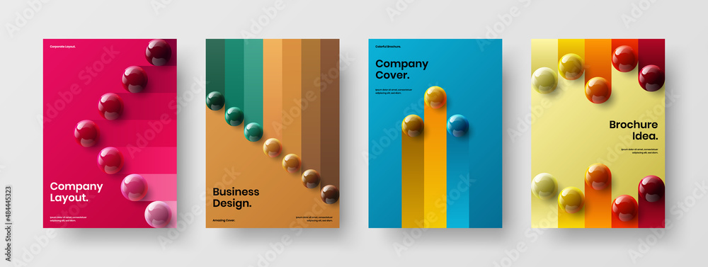 Premium postcard vector design layout composition. Bright realistic spheres pamphlet concept bundle.