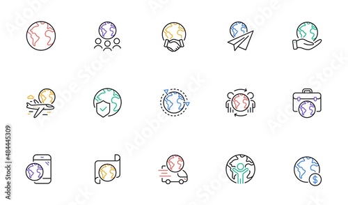 World business line icons set. Translate language, global law, outsource business. International organization, financial transactions, world map icons. Delivery service, global outsource. Vector