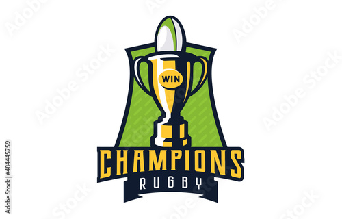 Logo, emblem of rugby champions. Colorful emblem of the cup with the ball on the background of the shield. Rugby champions logo template, championship winners, league cup winners. Vector illustration