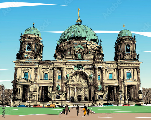 Germany. Berlin Cathedral. Old building hand drawn sketch. Unusual perspective. City vector illustration