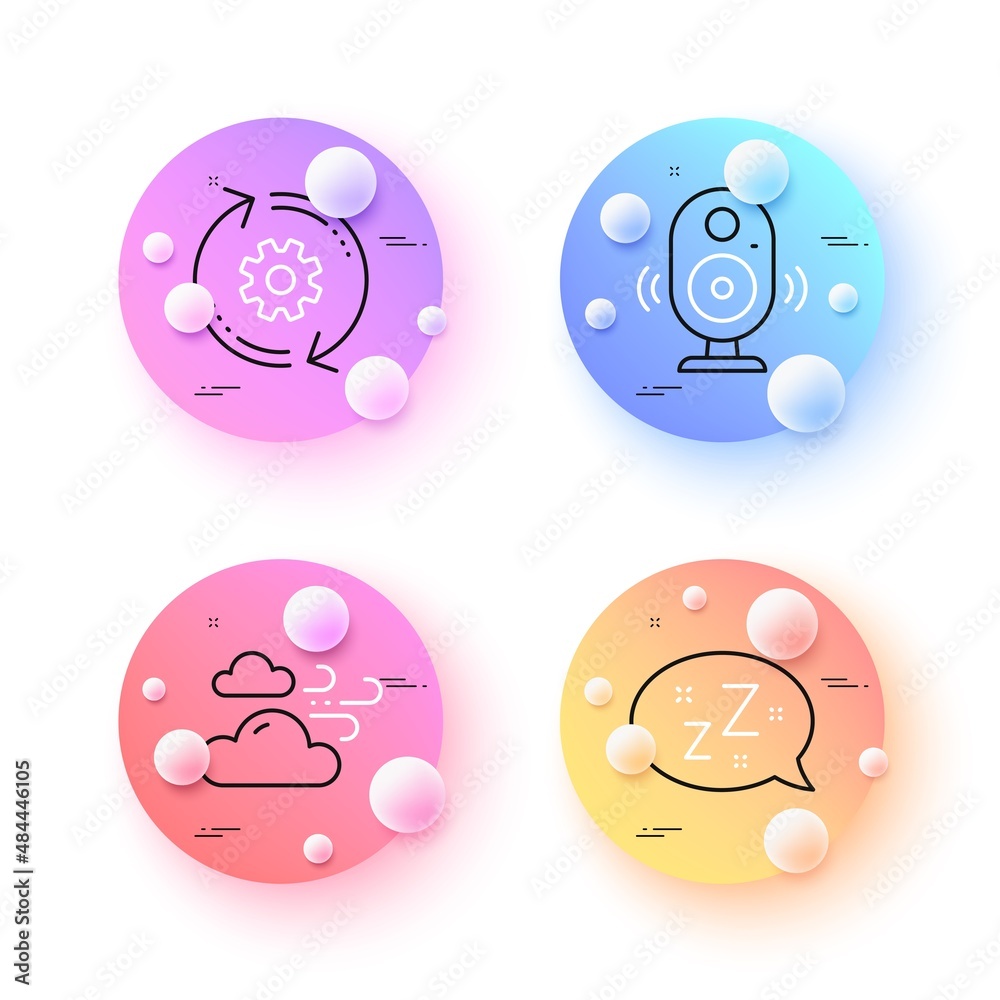 Sleep, Cogwheel and Windy weather minimal line icons. 3d spheres or balls buttons. Speaker icons. For web, application, printing. Zzz bubble, Engineering tool, Cloud wind. Music sound. Vector