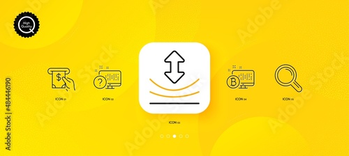 Online quiz, Resilience and Research minimal line icons. Yellow abstract background. Bitcoin system, Atm service icons. For web, application, printing. Web support, Elastic, Magnifying glass. Vector