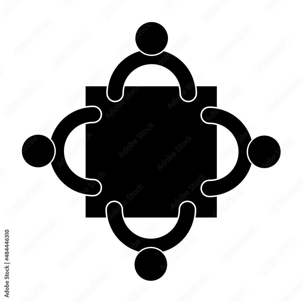 Team of four people sitting around an angled table, top view, black icon isolated on white background Team of four people sitting around an angled table, top view, black icon isolated on white background