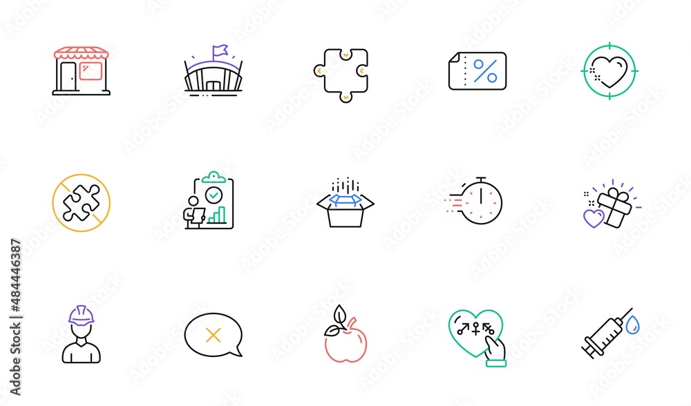 Genders, Market and Eco food line icons for website, printing. Collection of Cooking timer, Foreman, Heart target icons. Inspect, Reject, Discount banner web elements. No puzzle, Arena. Vector Genders, Market and Eco food line icons for website, printing. Collection of Cooking timer, Foreman, Heart target icons. Inspect, Reject, Discount banner web elements. No puzzle, Arena. Vector