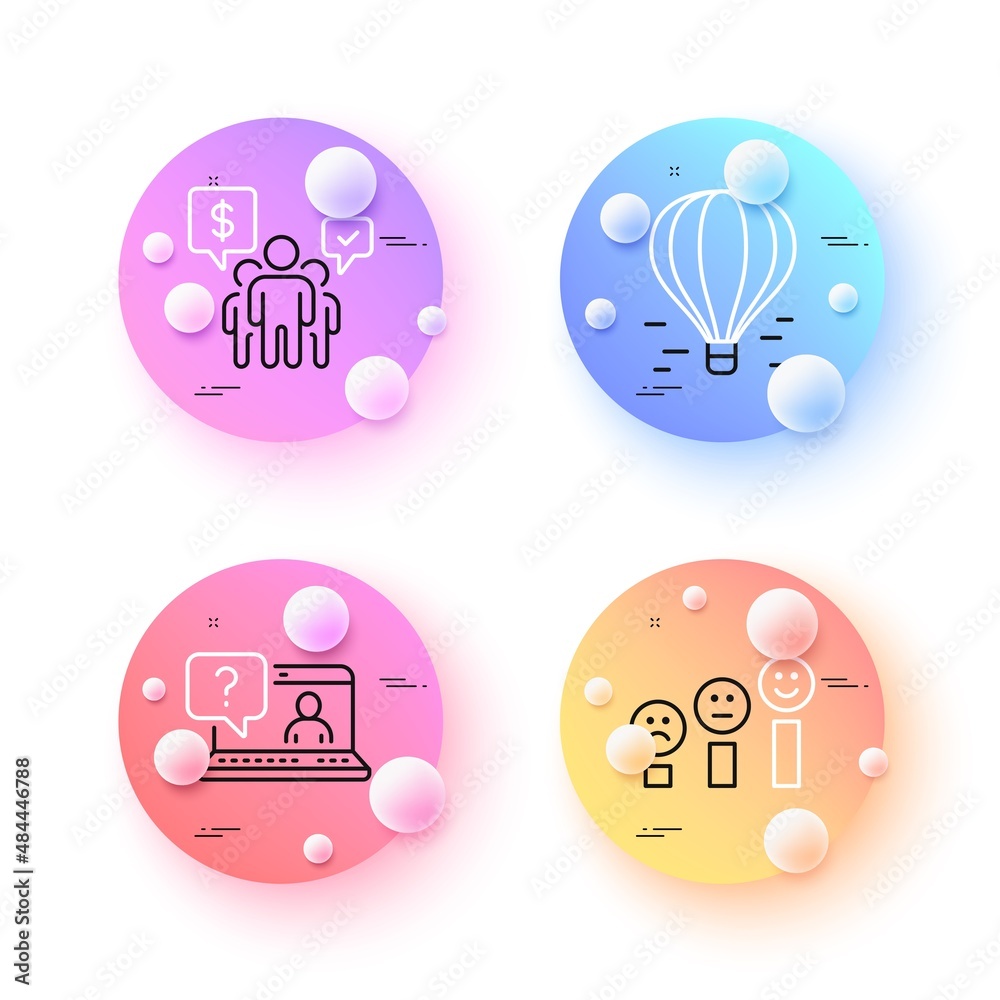Faq, Teamwork and Customer satisfaction minimal line icons. 3d spheres or balls buttons. Air balloon icons. For web, application, printing. Web support, Employees chat, Happy smile chart. Vector Faq, Teamwork and Customer satisfaction minimal line icons. 3d spheres or balls buttons. Air balloon icons. For web, application, printing. Web support, Employees chat, Happy smile chart. Vector