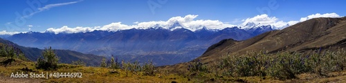 Panorama of mountains in the Cordillera Blanca National Park near the Huata District in the Ancash region of Peru.