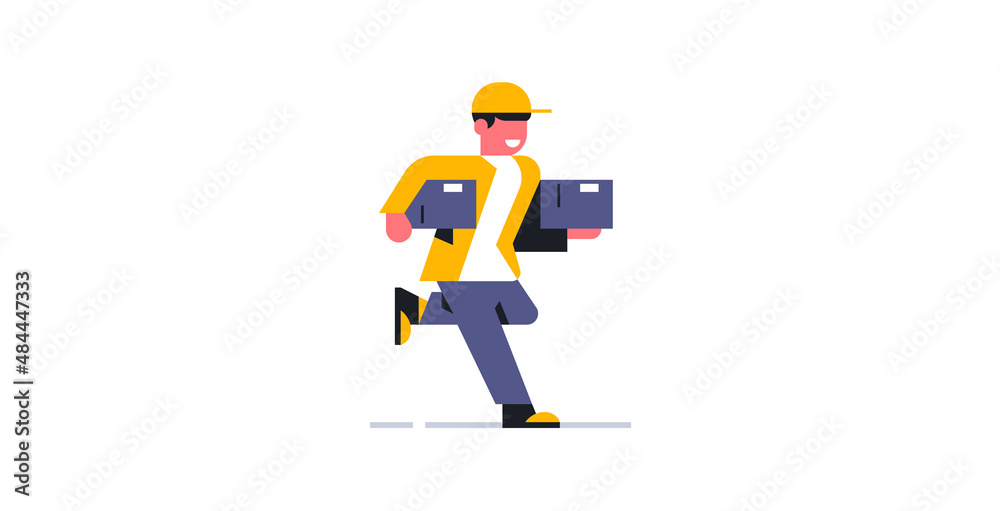 The courier delivers parcels at a run to the address of the order. Online parcel delivery service to your home. Courier in working uniform. Box, package. Vector illustration The courier delivers parcels at a run to the address of the order. Online parcel delivery service to your home. Courier in working uniform. Box, package. Vector illustration