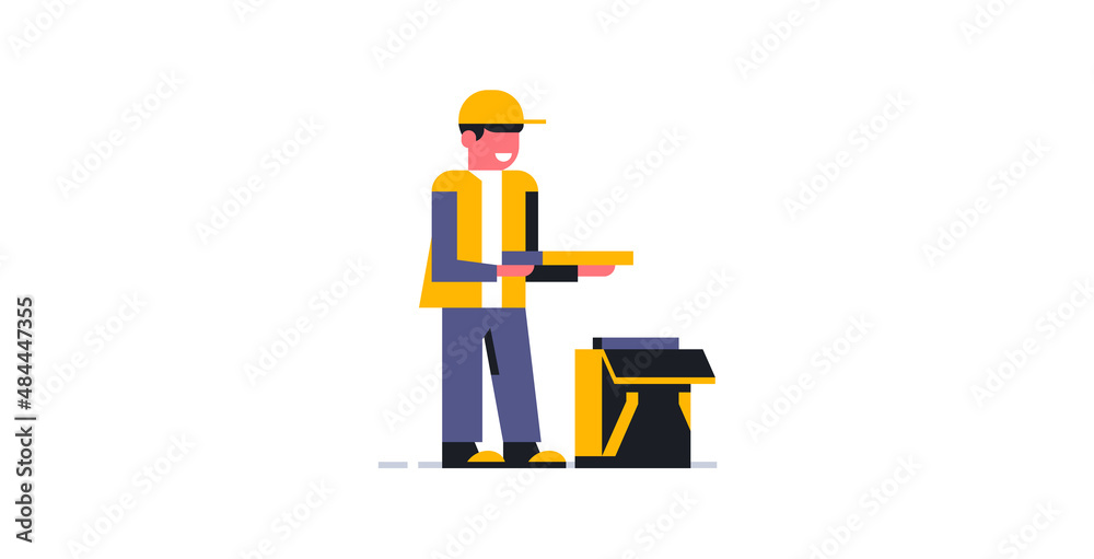 The courier delivered the food order to your home. Online parcel delivery service to your home. Courier in working uniform. Bag, backpack, pizza, food. Vector illustration