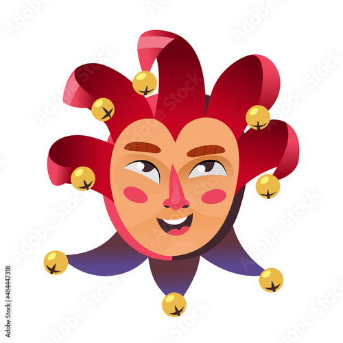 Famous Mardi Gras festival character. Mask that you can often see at New Orleans Parade or Venice Carnival. Isolated head mask sticker. Jester face vector image