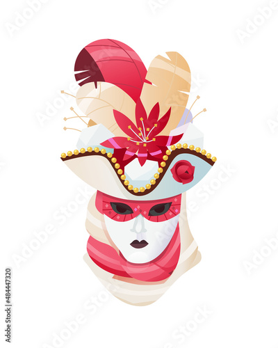 Famous Mardi Gras festival character. Mask that you can often see at New Orleans Parade or Venice Carnival. Isolated head mask sticker. Vector image