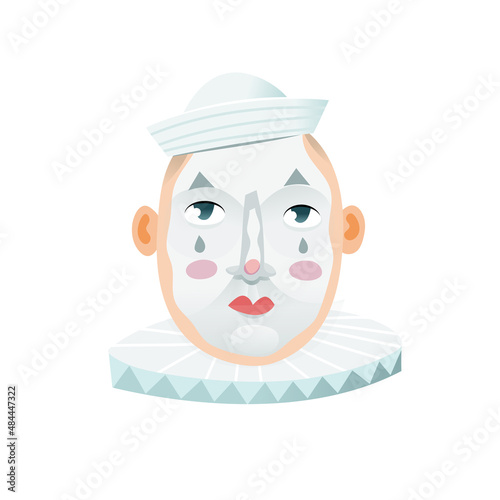 Famous Mardi Gras festival character. Mask that you can often see at New Orleans Parade or Venice Carnival. Isolated head mask sticker. Pierrot clown makeup face vector image