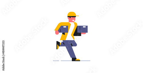 The courier delivers parcels at a run to the address of the order. Online parcel delivery service to your home. Courier in working uniform. Box, package. Vector illustration