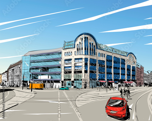 Germany. Berlin. Hackesche yards. Hand drawn sketch. Unusual perspective. City vector illustration