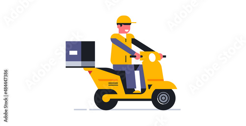 The courier delivers the order on a motorcycle. Online delivery service for parcels and food to your home. Courier in working uniform. Bike, moto, scooter. Vector illustration