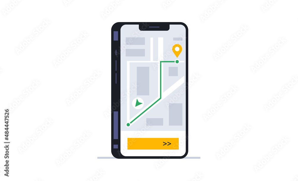 Screen of the city navigation map with the route to the selected address point in the mobile phone application. Phone, app, device, digital, map, street, route, gps. Vector illustration Screen of the city navigation map with the route to the selected address point in the mobile phone application. Phone, app, device, digital, map, street, route, gps. Vector illustration