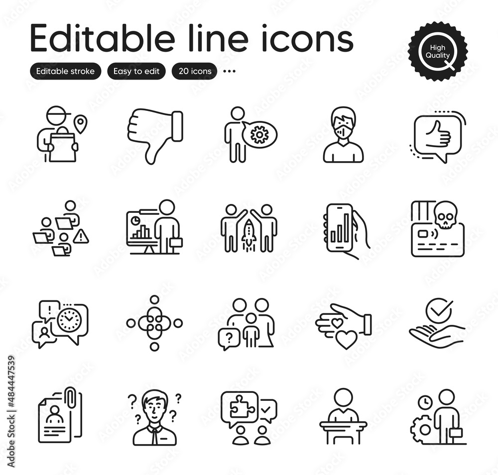 Set of People outline icons. Contains icons as Cogwheel, Delivery man and Cyber attack elements. Analysis app, Time management, Approved web signs. Partnership, Medical mask. Vector Set of People outline icons. Contains icons as Cogwheel, Delivery man and Cyber attack elements. Analysis app, Time management, Approved web signs. Partnership, Medical mask. Vector