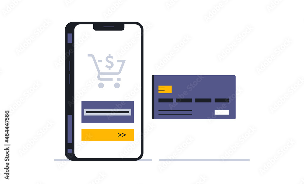 Screen of the payment menu for purchases through the mobile application. Bank card pin code, secure payment, phone, app, money, pay, dollar, cart, trolley. Vector illustration Screen of the payment menu for purchases through the mobile application. Bank card pin code, secure payment, phone, app, money, pay, dollar, cart, trolley. Vector illustration