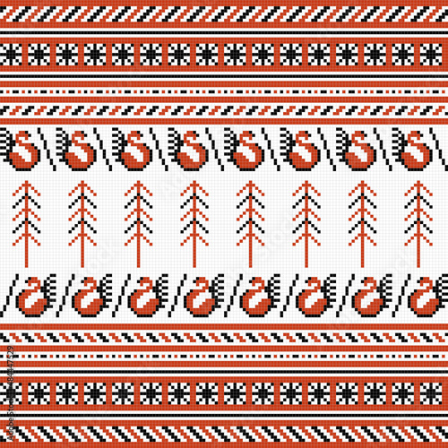 Mosaic folk embroidery style seamless pattern. jpeg. 144x144 squares. Motifs from Arkhangelsk paintings.
